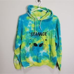 Gildan Blue and Green Neon Tie Dye Alien Hoodie Size Medium